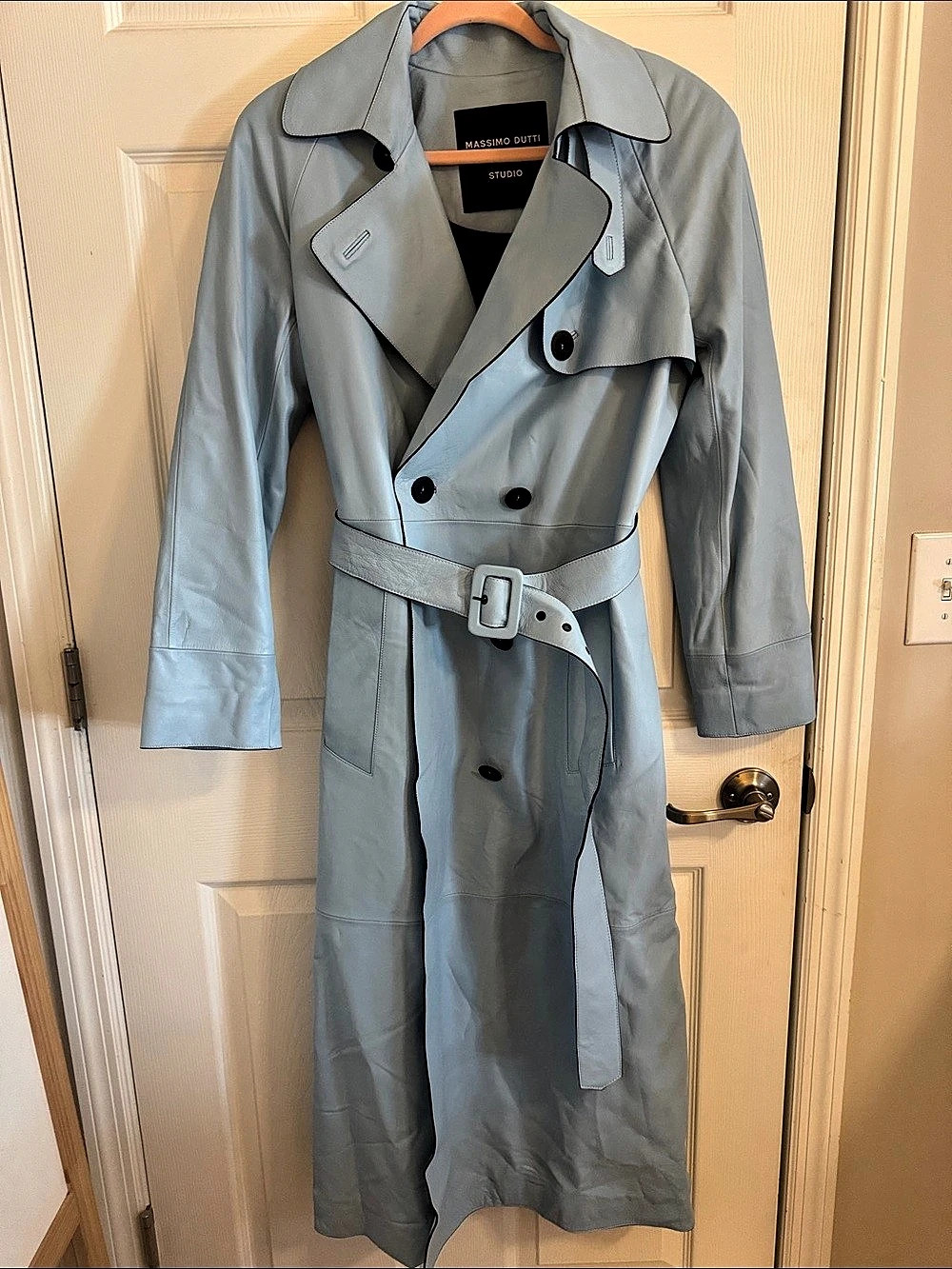 Massimo Dutti Long Nappa Leather Trench Coat Blue size Small!